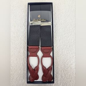 NIB Brooks Brothers Men's O/S Navy Blue Mahogany Leather Adjustable Suspenders